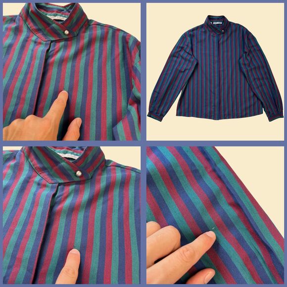 Vintage 70s/80s blouse by Bon Jour, long sleeve 1970s size 38 purple/teal shirt - Picture 6 of 9